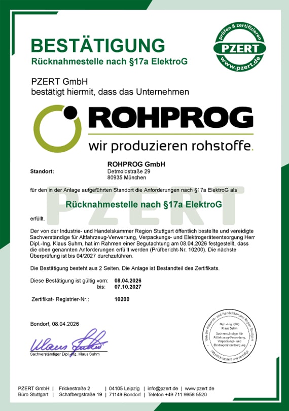 ROHPROG GmbH Zertifikat Bestaetigung Ruecknahmestelle nach ElektroG